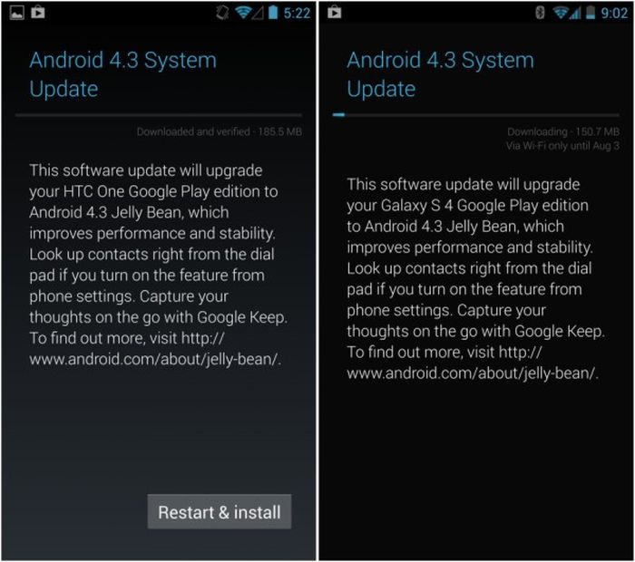 Android 4.3 a Google Play Edition modellekre