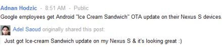 Tesztelés alatt a Nexus S-re írt Ice Cream Sandwich