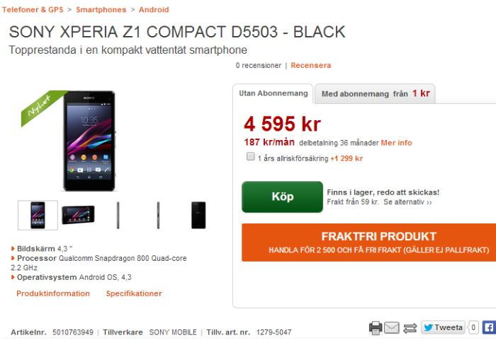 Kapható a Sony Xperia Z1 Compact