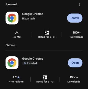 Több mint 100 ezren töltötték le a hamis Chrome böngészőt a Google Play Áruházból