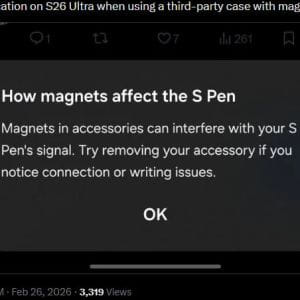 A Galaxy S26 Ultra figyelmeztet: a Qi2 mágneses tokok bezavarhatnak az S Pen működésébe