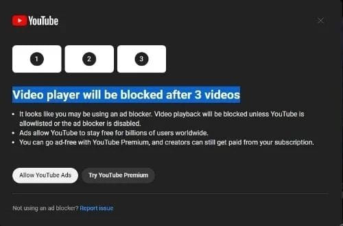A YouTube teljesen letilthatja a videólejátszást, ha hirdetésblokkolót használ