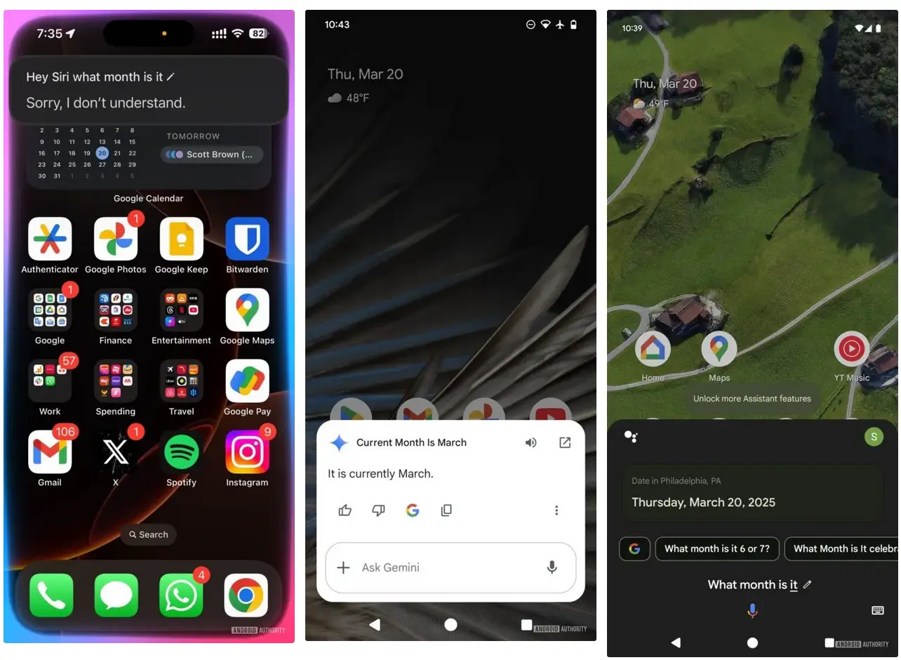 Siri zavarba jön egy egyszerű kérdéstől, miközben a Google Assistant és a Gemini simán válaszol