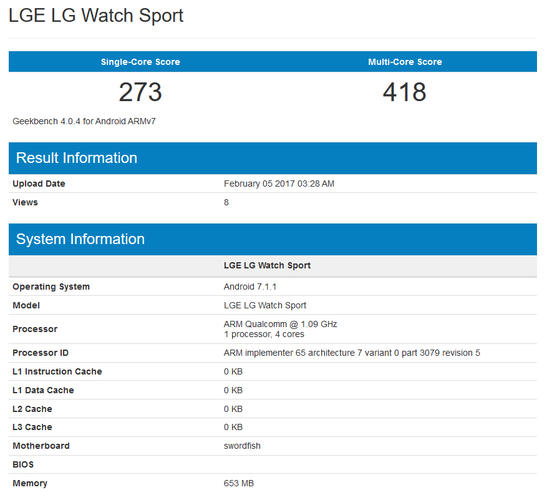 LG Watch Sport okosóra a Geekbenchen